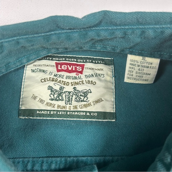 Vintage Levis Shirt Mens XL Teal Denim Jean Metal Button Up Red Tab Work 90s - Picture 2 of 7